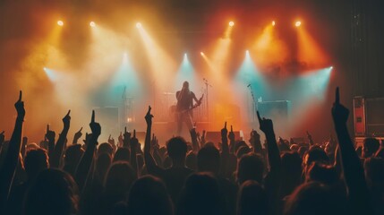 Obraz premium A silhouette of a rock band performing on stage in front of a large cheering crowd.