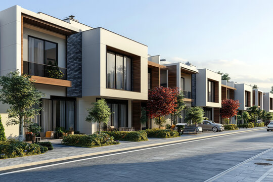 Explore a detailed 3D rendering of a row of contemporary townhouses in an urban setting, showcasing minimalist design and modern architecture.