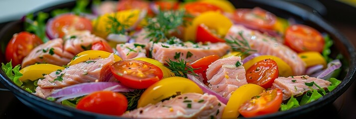 Salmon Salad With Cherry Tomatoes, Yellow Tomatoes, And Red Onions In A Cast Iron Bowl.