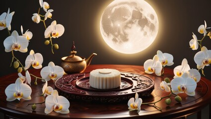 Naklejka premium Delicious mooncakes with candles and a teapot with the moon for a sweet celebration.