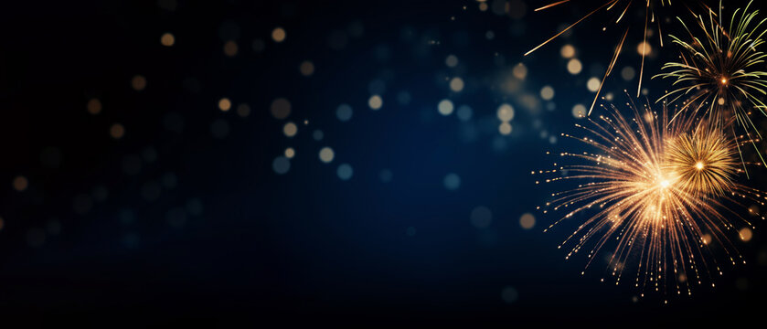Happy new year, sylvester new year, new year's eve, party event celebration holiday greeting card, fireworks on blue night background 