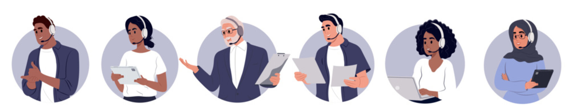 Customer support concept. Hotline operators advise the client. Avatars of people in headphones with a microphone.