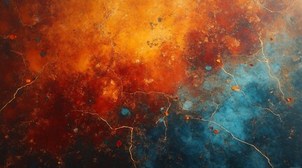 Obraz premium Abstract painting with vibrant orange, red, and blue splashes and golden veins creating dynamic texture