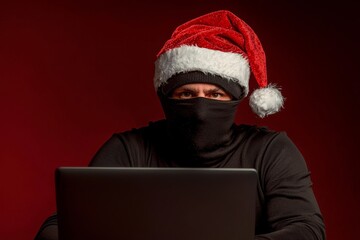 Santa hacker holding laptop computer, anonymous man on black background, cyber attack and internet security on Christmas holiday background.