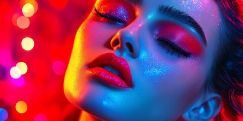 Obraz premium A woman with red lips and glittery makeup is the main focus of the image. The bright colors and glittery makeup give the impression of a fun and festive atmosphere