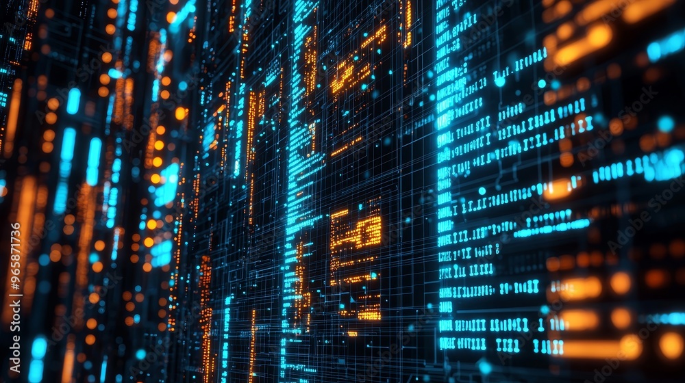 Poster rendering in 3d of an abstract background concept of cyber security and attack, with a crash of the 