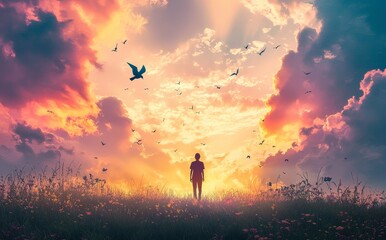 Obraz premium Abstract background with silhouette of a woman standing alone holding a mental health concept