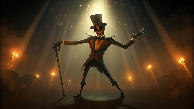 Skeleton Dancing with Top Hat and Cane, Candlelight Background, Spooky Celebration
