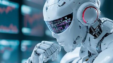 Futuristic robot adjusting stock market predictions, working on a clear and simple user interface with minimal distractions
