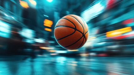 Obraz premium Close-up of a basketball in motion with a blurred cityscape background, creating a dynamic and energetic feel.