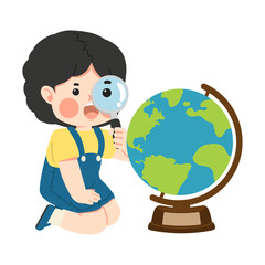 Kid Girl Looking Through A Magnifying Glass Globe