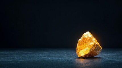 Golden nugget in a minimalistic dark setting, its rough texture and radiant glow symbolizing natural resources, mining, and financial value