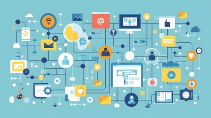 a network of content distribution channels, including social media, email marketing, blogs, and third-party sites, interconnected in a dynamic flow of information and engagement