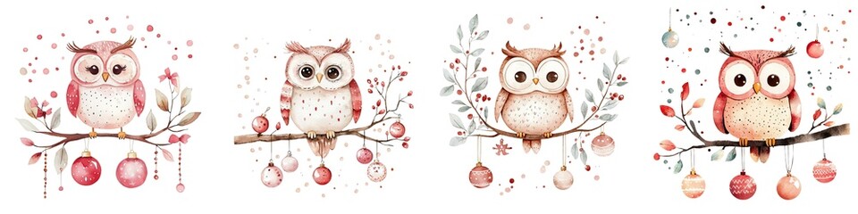 Fototapeta premium Animal boho christmas conceptual. Charming watercolor illustrations of owls perched on branches.