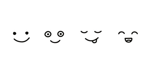 Happy face, line doodle hand drawn set. Decorative emotion with smile. Children paint. Vector illustration