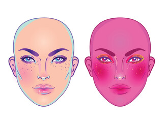 Portrait of robot android woman in retro futurism style. Vector illustration of a cyborg in glowing neon bright colors. futuristic synth wave flyer template. Cyber technology.