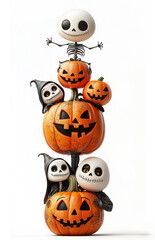 Vertical stack of Halloween characters,ghost, witch ,zombie, pumpkin, skeleton on a white background