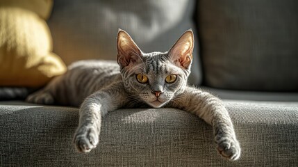 Obraz premium A relaxed gray cat lounging on a couch with a soft pillow in the background.