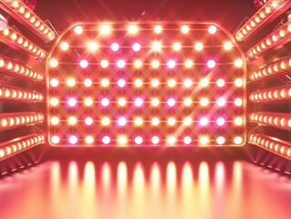 Vivid glowing stage lights vibrant gameshow backdrop neon illuminated wall reflections studio dramatic entertainment design wallpaper retro spotlight tv show template copy space

