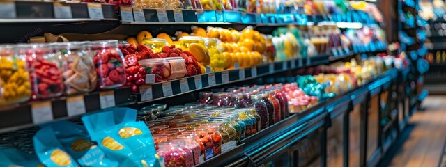 Fototapeta premium Colorful grocery store aisle with fresh produce and vibrant packaging