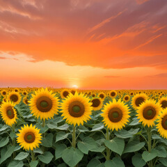 Obraz premium Landscape with a field of blooming sunflowers against the backdrop of the sunset sky