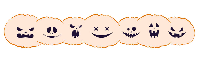 Halloween pumpkin with carved grimace. Horrible and cute monster face. Halloween festive banner.