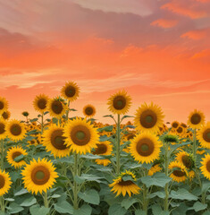 Obraz premium Landscape with a field of blooming sunflowers against the backdrop of the sunset sky