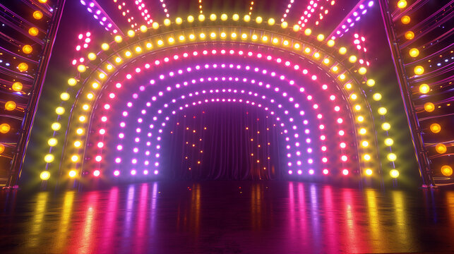 Glowing arch stage lights colorful gameshow curtain dramatic illuminated wall reflections entertainment vibrant retro neon wallpaper bold studio design template copy space


