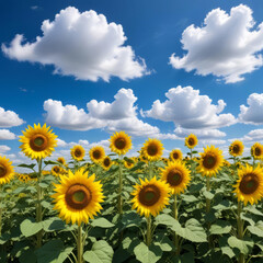 Fototapeta premium Landscape with a field of blooming sunflowers against the sky