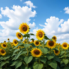 Obraz premium Landscape with a field of blooming sunflowers against the sky