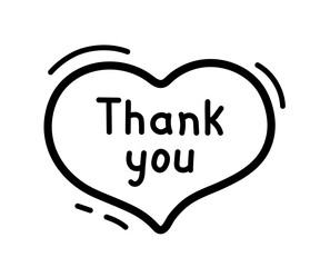 Thank you text in line hand drawn doodle in heart frame. Gratitude talk with love, message with text of Thank you. Scribble simple line. Vector illustration