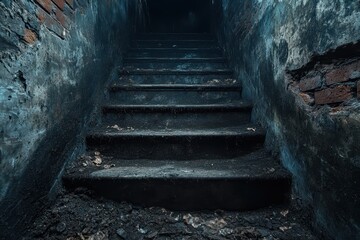 Old, worn-out concrete stairs leading to a dark basement with decaying brick and plaster walls, suitable for themes of horror, abandonment