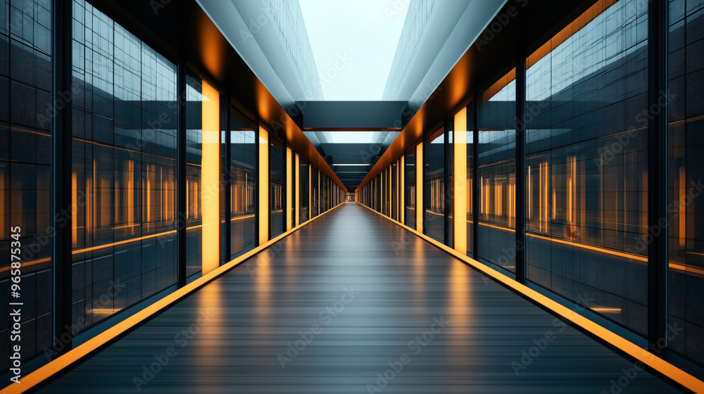 Poster modern architecture corridor with glass walls and orange lights, creating a futuristic and symmetric