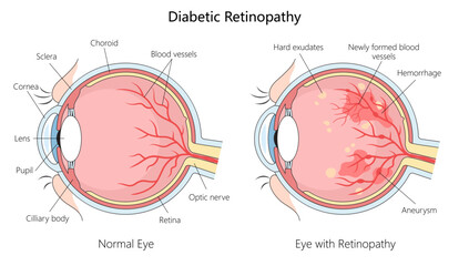 Normal eye and one affected by diabetic retinopathy, hemorrhages, aneurysms, and newly formed blood vessels hand-drawn schematic vector illustration. Medical science educational illustration