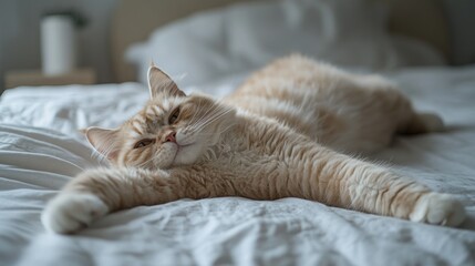 A relaxed orange cat sprawled on a bed, embodying comfort and tranquility.