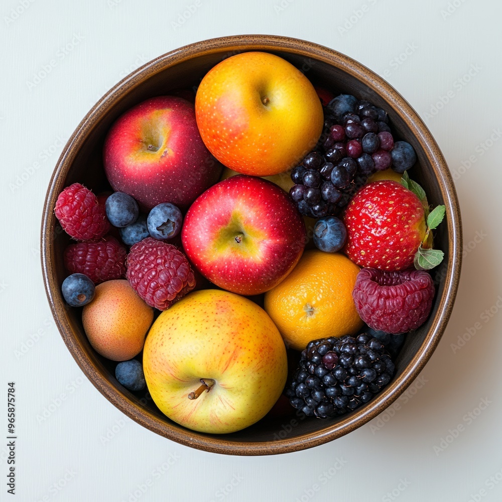 Poster Close-up of a bowl of fresh fruit, including apples, berries, and an orange.