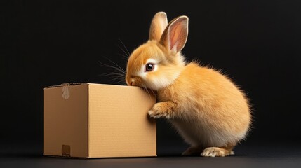 Fototapeta premium Cute Bunny Rabbit Curious About Cardboard Box