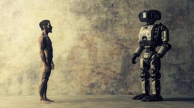 A primitive man stands next to a robot, symbolizing the evolution of technology and human development through time