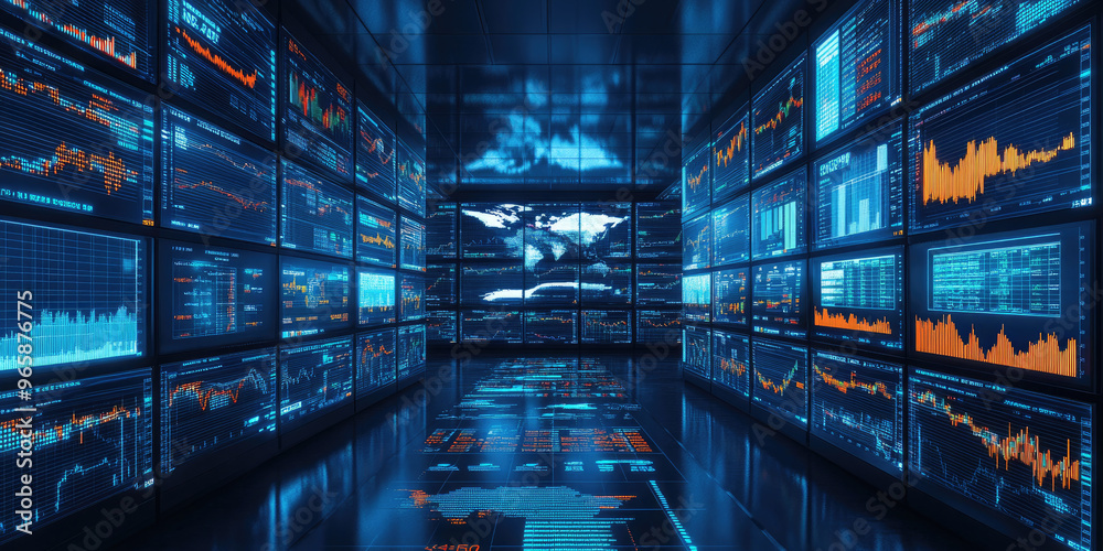 Poster multiple screens are displaying data and charts in a modern monitoring room. the image evokes concep