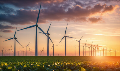 A wind farm at sunset, with the sun shining brightly behind the wind turbines