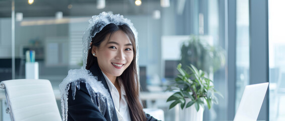 Frozen Computer, Digital frost covers screens, symbolizing a frozen workload, but employees still grin. The relentless work has encased technology in ice, yet they laugh it off.
