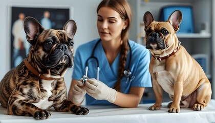 Veterinarian examining French Bulldog during check-up at modern veterinary clinic, showcasing pet care and medical expertise