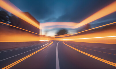 Obraz premium A long, winding road stretches into the distance at dusk, with the bright lights of oncoming cars creating streaks of light in the air