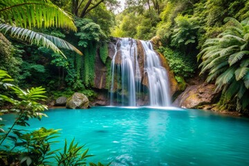 A secret waterfall cascading into a turquoise pool, surrounded by ancient ferns.