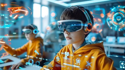 A highly advanced online classroom where students use wearable tech and smart devices to interact with lessons, with futuristic interior, copy space for text