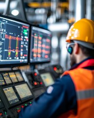 A worker in a hard hat and safety vest monitors a control panel in an industrial setting.