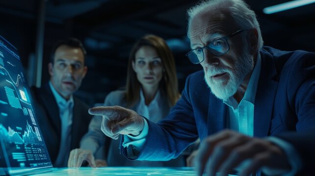 The board of directors of an import / export company are meeting around a digital touch screen table. A diverse team of corporate businesspeople is having an animated discussion.