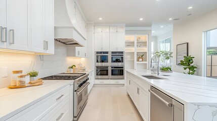 A sleek kitchen featuring white cabinets, marble countertops, and stainless steel appliances.