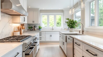 Fototapeta premium A sleek kitchen featuring white cabinets, marble countertops, and stainless steel appliances.