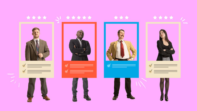 Contemporary art collage. Creative visual of candidates presenting their unique talents and skills, emphasizing diversity in hiring. Concept of job application process, job market trends, development.